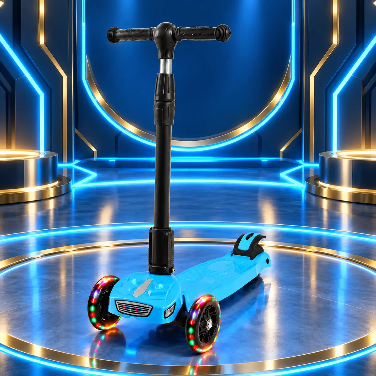 Blue FlashRider X3 Premium LED Kids Scooter fully displayed