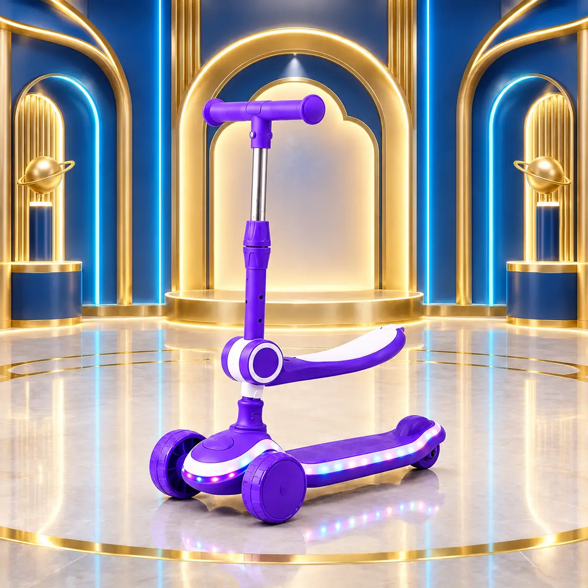 Purple GlowRide X1 2-in-1 scooter with seat fully displayed